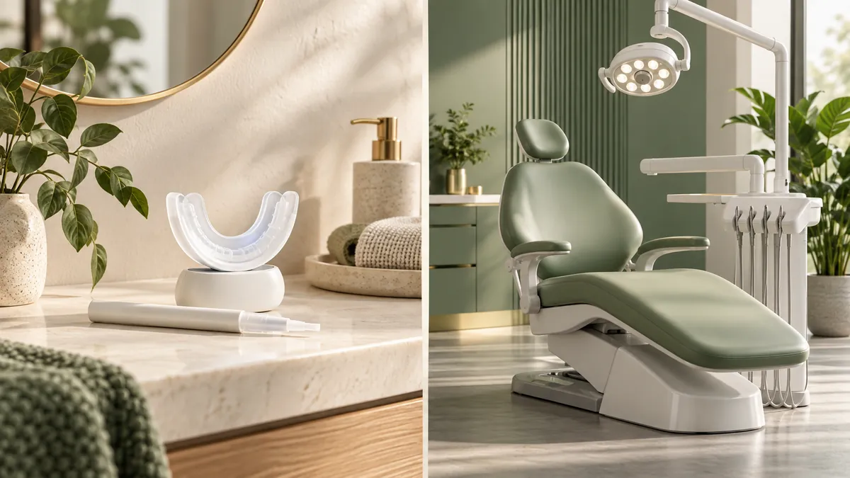 Illustration of a home whitening tray in a bathroom beside a dentist's chair