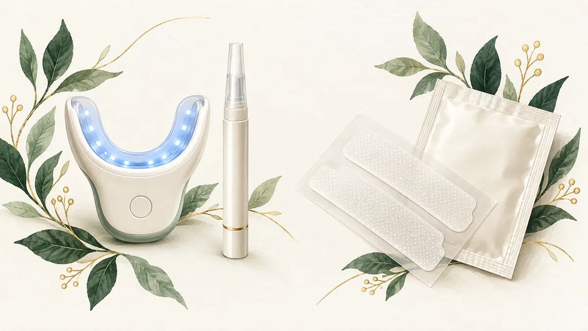 Illustration of an LED whitening mouthpiece and pen beside whitening strips