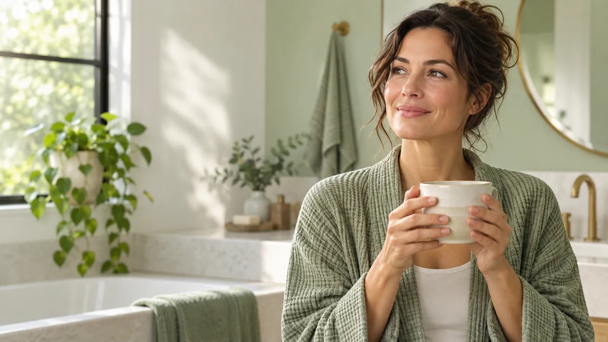 Illustration of a woman at home holding a warm drink
