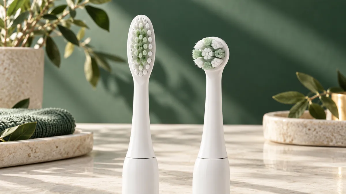 Illustration of a sonic brush head beside a round oscillating brush head
