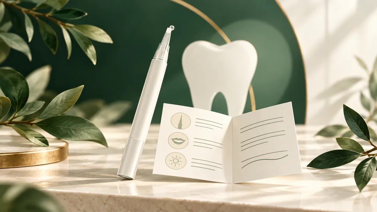 Illustration of a whitening pen, a model tooth and an instruction leaflet