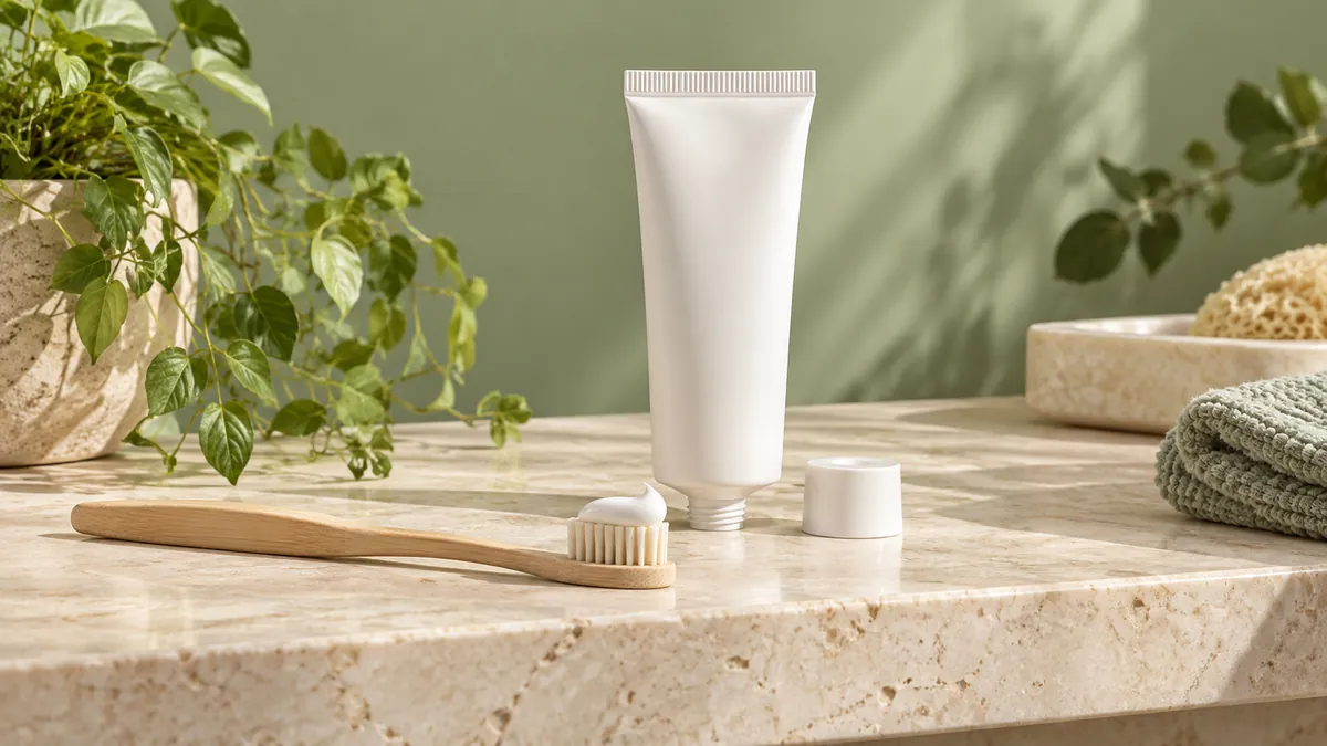 Illustration of a plain toothpaste tube and a toothbrush