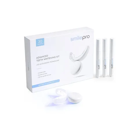 SmilePro Advanced Teeth Whitening Kit: box, three gel pens and LED mouthpiece